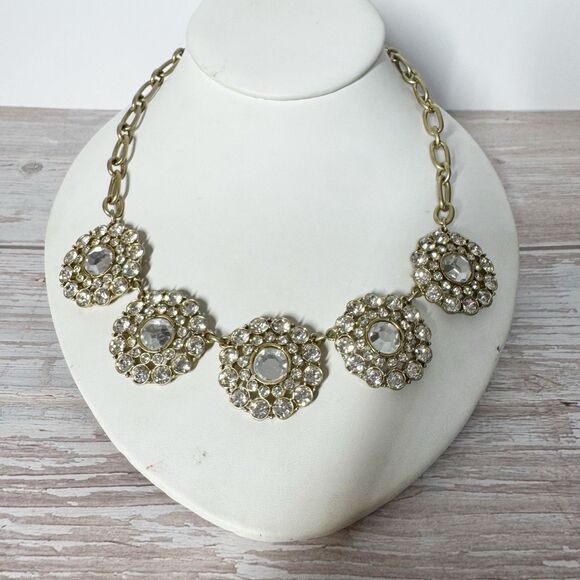 J Crew Sparkling Clear Crystal Necklace Gold Tone Round Clusters Chunky Chain - Picture 3 of 10